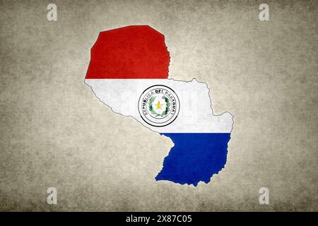 Carte grunge du Paraguay avec son drapeau imprimé à l'intérieur de sa frontière sur un vieux papier. Banque D'Images