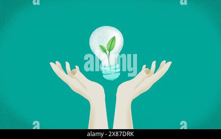 Mains avec feuille dans l'ampoule sur fond vert Banque D'Images