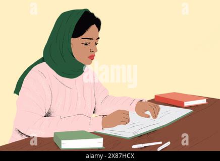 Femme portant le hijab étudiant à table sur fond jaune Banque D'Images