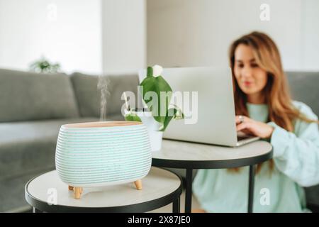 Humidificateur d'air libérant de la vapeur d'eau avec freelance travaillant à la maison Banque D'Images