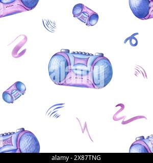Lecteurs de cassettes dans un style non numérique des années 90. Magnétophone bleu violet. Motif nostalgique sans couture. Gadget stéréo bouton parmi la ligne abstraite volante Banque D'Images