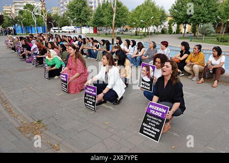 On voit un groupe de femmes tenant des pancartes participant à la manifestation contre le féminicide. Les 30 meurtres de femmes qui ont eu lieu en Turquie au cours des derniers mois ont été protestés lors d'une action menée par le réseau anti-violence et les composantes de la plate-forme féminine Dicle Amed à Diyarbakir. Un groupe de femmes, dont Serra Bucak, co-maire de la municipalité métropolitaine de Diyarbakir, se sont rassemblées dans le parc Roboski et ont condamné les meurtres en portant des affiches portant les noms et les photographies de femmes victimes de crimes d'honneur. Selon la plate-forme We Will Stop Femicide, 71 femmes au cours des 5 premiers mois de 202 Banque D'Images