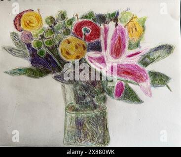 Illustration - bouquet de fleurs dans un vase, moyen est crayon de couleur. Banque D'Images