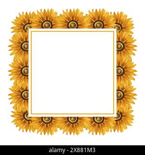 Cadre aquarelle pour tournesols. Cadre carré avec fleurs jaunes. Composition florale estivale. Arrangement de fleurs d'automne. Illustrati botanique dessiné à la main Banque D'Images