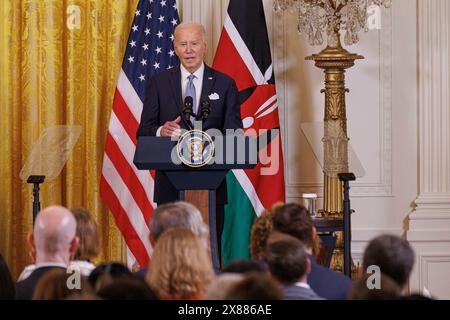 Washington, Vereinigte Staaten. 23 mai 2024. Le président des États-Unis Joe Biden s’exprime lors d’une conférence de presse conjointe avec le président kenyan William Ruto, lors de la visite d’État du président Rutoâs aux États-Unis, le jeudi 23 mai 2024. Crédit : Aaron Schwartz/CNP/dpa/Alamy Live News Banque D'Images