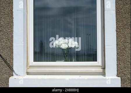 Fleurs artificielles dans une fenêtre d'une maison Banque D'Images