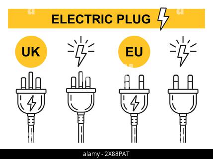 Prise électrique prise électrique UK eu, câble AC de puissance de sortie britannique européenne, énergie électrique. Anglais Europe icône de ligne d'adaptateur de fil d'électricien Illustration de Vecteur