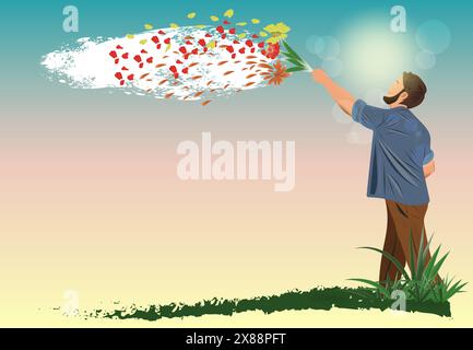 un homme avec un bouquet de fleurs regarde dans le ciel les pétales volent dans le vent Illustration de Vecteur