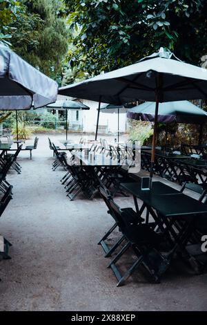 Café en plein air isolé niché sous des parasols dans un parc ombragé, offrant un environnement de restauration tranquille. Des tables vides attendent les visiteurs, prometteuses Banque D'Images