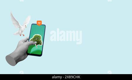 Une main humaine tenant un téléphone portable avec un arbre vert sur l'écran avec un bouton Like sur un fond coloré. Art collage Banque D'Images