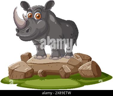 Rhinocéros souriant debout sur les rochers et l'herbe Illustration de Vecteur