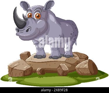 Rhinocéros mignon debout sur les rochers, souriant Illustration de Vecteur