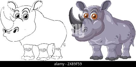 Rhinocéros souriant en versions couleur et contour Illustration de Vecteur