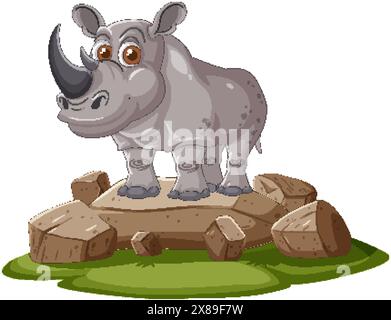 Rhinocéros souriant debout sur les rochers et l'herbe Illustration de Vecteur