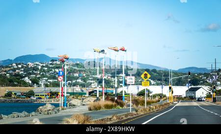 Cobham Drive, SH1, route et passerelle avec vue sur Akau Tangi, l'une des cinq sculptures qui composent le Banque D'Images