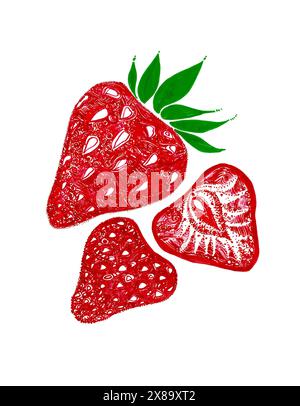 Illustration stylisée. Ensemble de fraises. Différentes tailles. Isolé sur fond blanc. Couleur rouge, feuille verte. Remplissage de texture. Les trois plus grands s Banque D'Images