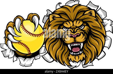 Mascotte de l'équipe de sports d'animaux de softball de Lion Illustration de Vecteur