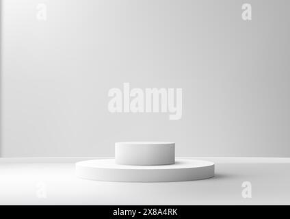 Escalier de podium blanc 3D avec une lumière brille dessus, contre un fond de mur blanc, style minimal, affichage de produit, maquette, salle d'exposition, vitrine Illustration de Vecteur