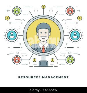 Concept Flat Line Team Building et Resources Management. Illustration vectorielle. Icônes vectorielles linéaires minces modernes. Graphiques de site Web, bannière, Infog Illustration de Vecteur