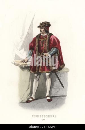 Costume du roi Louis XI, roi de France, en cape doublée de fourrure, doublet et tuyau, collier de l'ordre de Saint Michel. Épée de cour suspendue à sa ceinture. D'après un tableau de Jean Léonard Lugardon mais avec le morceau de code supprimé. Cour de Louis XI, 1480. Gravure sur acier colorée à la main d’après une illustration de François Claudius compte-Calix tirée de l’album Keepsake des costumes de la cour française depuis Charles VII jusqu’à Louis XVI, album Keepsake of French court costumes from Charles VII to Louis XVI, modes Parisiennes, Paris, 1854. Banque D'Images