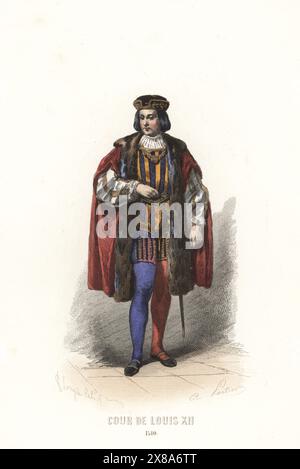Noble à la cour du roi Louis XII, XVIe siècle. En bonnet de velours, manteau doublé de fourrure, doublet rayé, culottes et tuyau partiels, épée de cour. Cour de Louis XII, 1510. Gravure sur acier colorée à la main par Adolphe Portier d’après une illustration de François Claudius compte-Calix tirée de l’album Keepsake des costumes de la cour française depuis Charles VII jusqu’à Louis XVI, album Keepsake of French court costumes from Charles VII to Louis XVI, modes Parisiennes, Paris, 1854. Banque D'Images