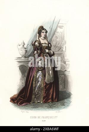 Noble à la cour du roi François Ier de France, XVIe siècle. En coiffure avec voile, robe avec manches fendues, corsage, jupons brodés. Cour de François Ier, 1530. Gravure sur acier colorée à la main par Adolphe Portier d’après une illustration de François Claudius compte-Calix tirée de l’album Keepsake des costumes de la cour française depuis Charles VII jusqu’à Louis XVI, album Keepsake of French court costumes from Charles VII to Louis XVI, modes Parisiennes, Paris, 1854. Banque D'Images