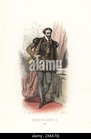 Noble à la cour du roi Henri II de France, XVIe siècle. En van Dyke barbe, manteau court, doublet, culottes et tuyau. Cour de Henri II, 1550. Gravure sur acier colorée à la main par Adolphe Portier d’après une illustration de François Claudius compte-Calix tirée de l’album Keepsake des costumes de la cour française depuis Charles VII jusqu’à Louis XVI, album Keepsake of French court costumes from Charles VII to Louis XVI, modes Parisiennes, Paris, 1854. Banque D'Images