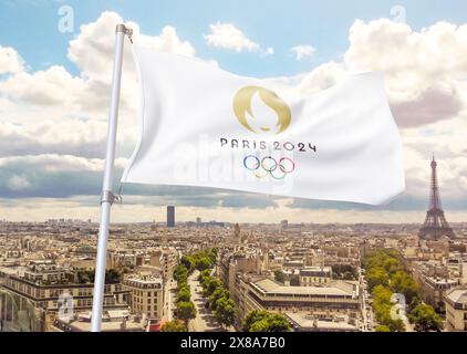 Vue de dessus du drapeau des jeux olympiques français 2024 avec texture grunge. pas de mât. Conception de plan, disposition. Logo officiel du SOG 2024 à Paris Banque D'Images