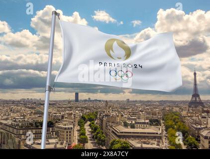 Vue de dessus du drapeau des jeux olympiques français 2024 avec texture grunge. pas de mât. Conception de plan, disposition. Logo officiel du SOG 2024 à Paris Banque D'Images