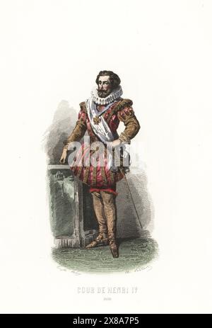 Roi Henri IV de France. En col à volants, doublet avec épaulettes, culottes, bottes à boucle, écharpe et croix de l'ordre du Saint-esprit, épée de cour. Cour de Henri IV, 1600. Gravure sur acier colorée à la main par Adolphe Portier d’après une illustration de François Claudius compte-Calix tirée de l’album Keepsake des costumes de la cour française depuis Charles VII jusqu’à Louis XVI, album Keepsake of French court costumes from Charles VII to Louis XVI, modes Parisiennes, Paris, 1854. Banque D'Images