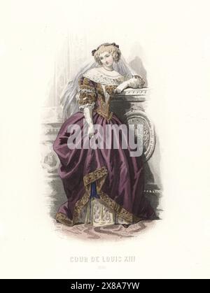 Noble femme à la cour du roi Louis XIII en diadème et voile, collier en dentelle, corsage en brocart, jupes complètes avec ourlet en brocart. Cour de Louis XIII, 1630. Gravure sur acier colorée à la main par Adolphe Portier d’après une illustration de François Claudius compte-Calix tirée de l’album Keepsake des costumes de la cour française depuis Charles VII jusqu’à Louis XVI, album Keepsake of French court costumes from Charles VII to Louis XVI, modes Parisiennes, Paris, 1854. Banque D'Images
