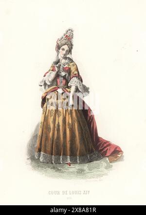 Noble femme à la cour du roi Louis XIV en coiffe de dentelle haute, spot de beauté, robe complète et jupes décorées de dentelle. Cour de Louis XIV, 1690. Gravure sur acier colorée à la main par Antoine Monnin d’après une illustration de François Claudius compte-Calix tirée de l’album Keepsake des costumes de la cour française depuis Charles VII jusqu’à Louis XVI, album Keepsake of French court costumes from Charles VII to Louis XVI, modes Parisiennes, Paris, 1854. Banque D'Images