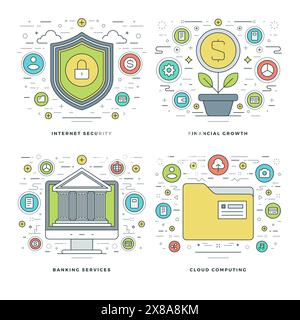 Flat Line Internet Security, croissance financière, services bancaires, illustrations vectorielles de l'ensemble des concepts d'entreprise. Icônes vectorielles linéaires minces modernes. W Illustration de Vecteur