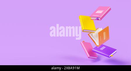 Voler des livres fermés et ouverts avec couverture rigide brillante sur la bannière violette. Illustration de rendu 3D de dessin animé Banque D'Images