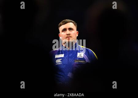 Photo du dossier datée du 23-05-2024 de Luke Littler. James Wade dit que certains des meilleurs joueurs du monde sont « très, très, très jaloux » de la popularité du champion de premier League Luke Littler. Date d'émission : vendredi 24 mai 2024. Banque D'Images