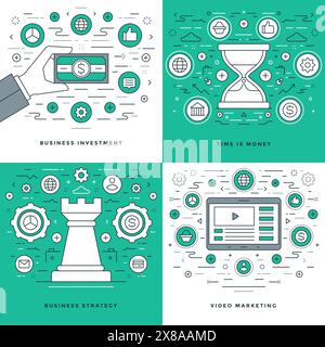 Flat Line Stratégie, investissement, gestion du temps concepts d'affaires Set illustrations vectorielles. Icônes vectorielles linéaires minces modernes. En-tête du site Web GRA Illustration de Vecteur