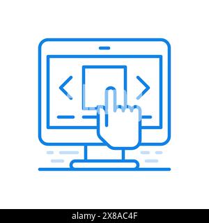 Afficher les fichiers sur l'icône vectorielle de ligne de moniteur d'ordinateur. Faire défiler les informations des pages et les photos électroniques. Appuyez à la main sur l'écran du document Web. Travail Illustration de Vecteur