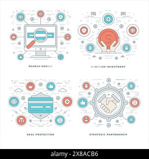 Flat Line Search Engine, investissement, Deal protection Business concepts Set illustrations vectorielles. Icônes vectorielles linéaires minces modernes. Site Web Heade Illustration de Vecteur
