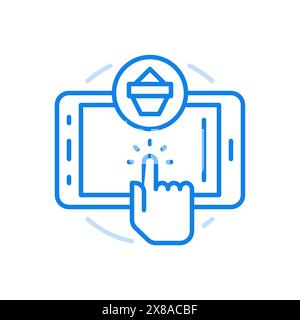 Icône de ligne vectorielle de vérification d'application en ligne. Vente au détail mobile avec achats en ligne et livraison. La main appuie sur l'écran du smartphone avec l'emballage en cercle Illustration de Vecteur