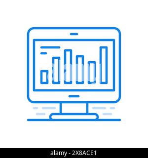 Icône de ligne vectorielle de statistiques en ligne. Moniteur avec barres de progression infographiques à l'écran. Analyse et vérification du rapport d'informations réussi. Marketing Illustration de Vecteur