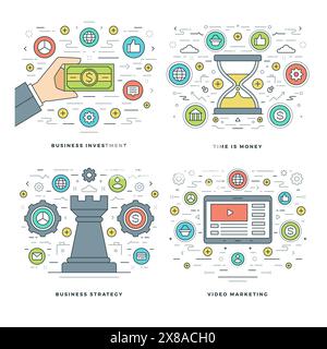 Flat Line Stratégie, investissement, gestion du temps concepts d'affaires Set illustrations vectorielles. Icônes vectorielles linéaires minces modernes. En-tête du site Web GRA Illustration de Vecteur