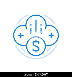 Icône de ligne vectorielle de surf d'entreprise dans le cloud. Gestion des investissements en ligne et connectivité marketing à distance. Nuages avec symbole de croissance de l'argent. Profit Illustration de Vecteur
