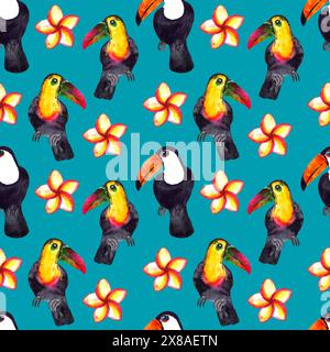 Modèle sans couture de la nature hyperréaliste de l'aquarelle des tropiques de l'Asie - toucans noirs et blancs et colorés et fleurs de plumeria sur un fond de couleur bleu-oiseau Banque D'Images