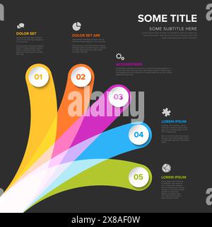 Modèle de couleur arc-en-ciel infographique polyvalent simple avec cinq choix d'options différentes, chacune avec icône de titre de numéro et description sur backgr noir Illustration de Vecteur