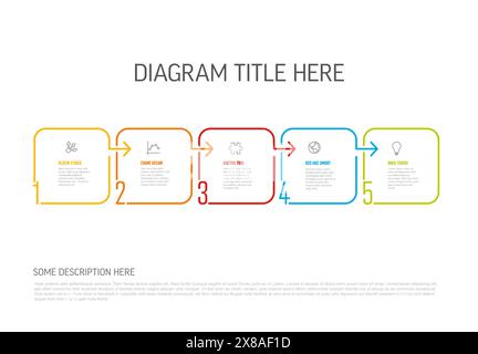 Schéma de modèle de progression de processus vectoriel schéma avec cinq étapes, icônes, numéros et descriptions. colorer les carrés de ligne mince sur fond clair avec flèche Illustration de Vecteur