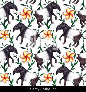 Motif aquarelle sans couture. Mignon hyper-réaliste animaux d'aquarelle tropicale asiatique tapir et fleurs sur fond blanc Banque D'Images