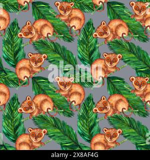 Motif aquarelle sans couture. Nature hyperréaliste des tropiques de l'Asie - tarsier et feuilles de palmier sur un fond gris Banque D'Images