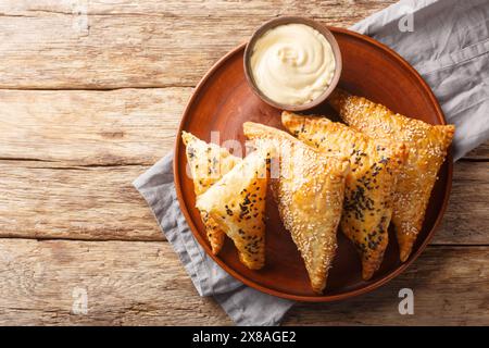 Feuilletés de poulet au fromage et aux herbes servies avec sauce trempante gros plan dans une assiette sur une table en bois. Vue horizontale de dessus Banque D'Images