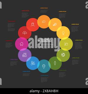 Infographie sombre simple avec douze cercles avec des icônes dans un grand cycle sur fond blanc et des éléments de description supplémentaires. Polyvalent année complète i Illustration de Vecteur