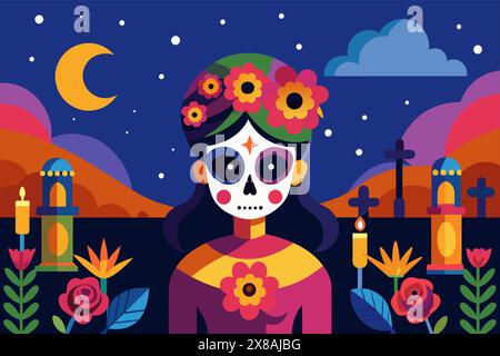 Femme avec le maquillage Day of the Dead dans le cimetière vibrant. Femelle avec peinture de visage de crâne de sucre dans le cimetière coloré. Concept de Dia de los Muertos, Hallow Illustration de Vecteur